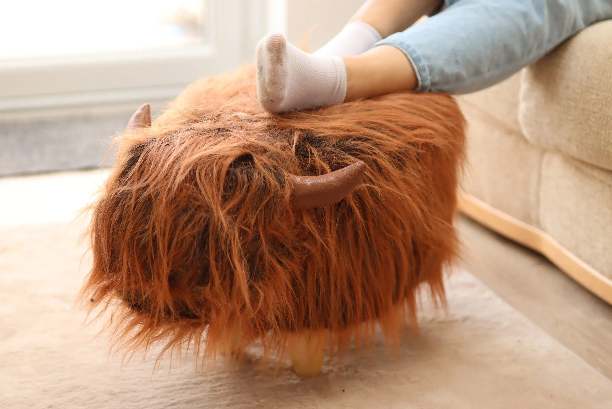 Rumi the Highland Cow Faux Fur Footstool – Cosy Decorative Footrest
