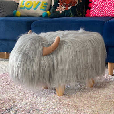 Highland Cow Footstool - Gilbert the Grey with Faux Fur & Wooden Legs